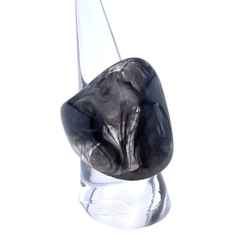 Black with Light Gray Swirl Acrylic Geometric Chunky Statement Ring Size 8.5